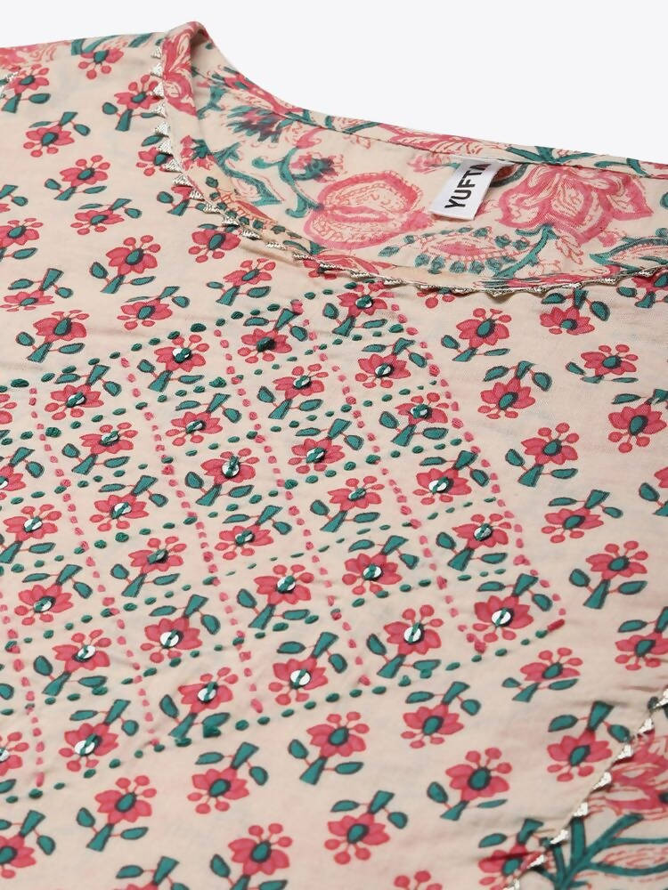 Yufta Pink Ethnic Motifs Printed Regular Pure Cotton Kurta with Trouser & Dupatta | Grocsy