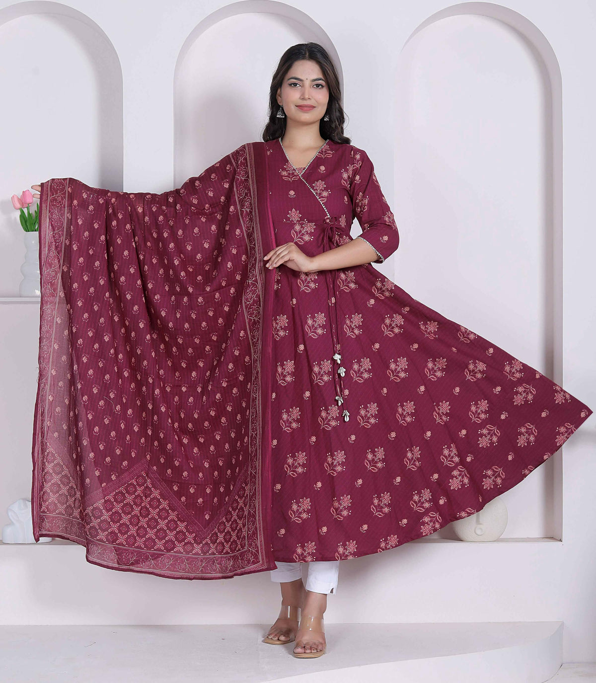 Miravan Womens Maroon Floral Printed Angrakha Pure Cotton Kurta And Dupatta | Grocsy