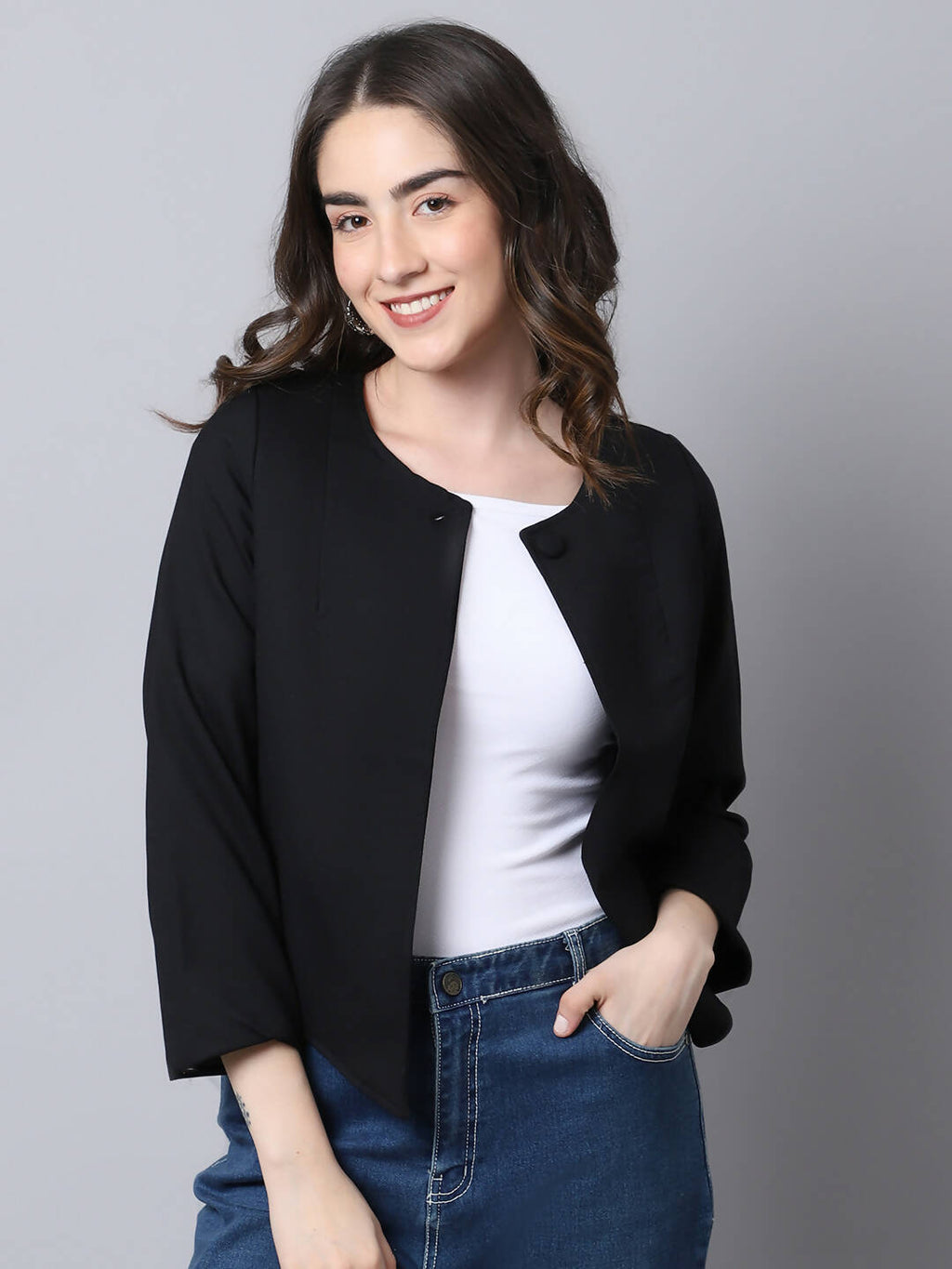 Even Apparels Black Linen Cotton Open Front Statement Women's Jacket | Grocsy