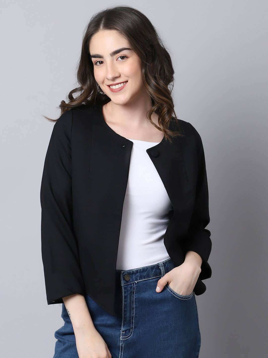 Even Apparels Black Linen Cotton Open Front Statement Women's Jacket | Grocsy