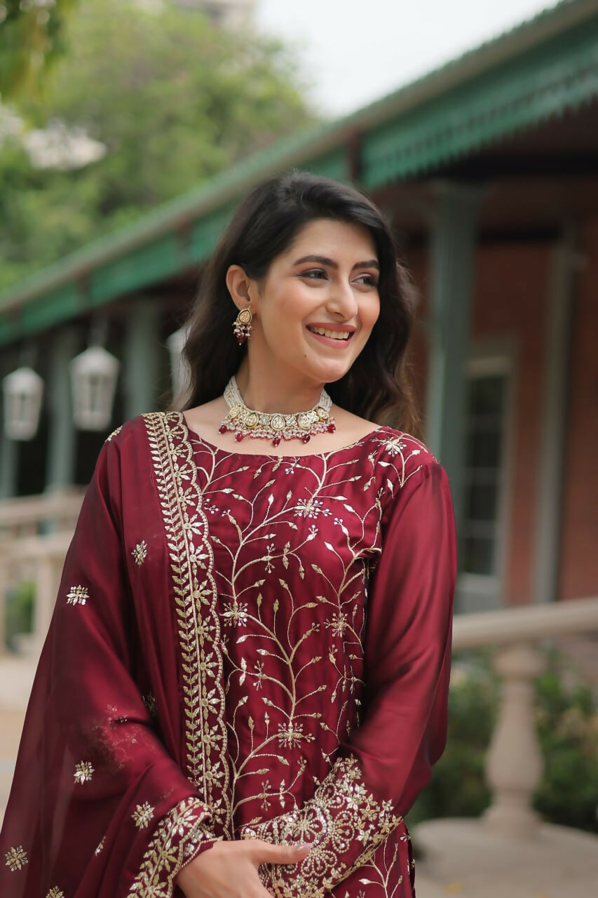 Vastranavya Premium Designer Heavy Sequins & Thread Embroidered work Kurti Palazzo & Dupatta - Maroon | Grocsy