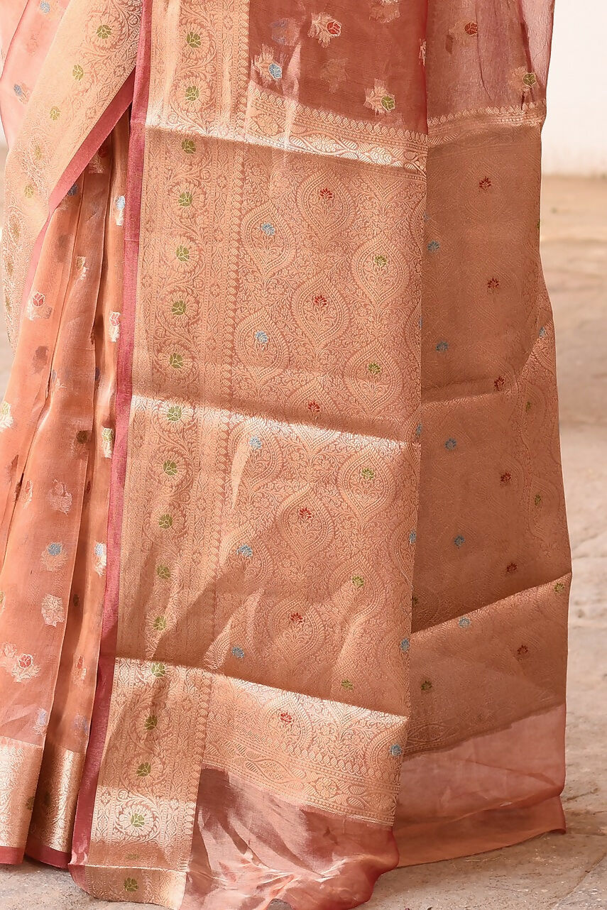 Joban Fashion Rose Gold Pure Banarasi Tissue Saree | Grocsy