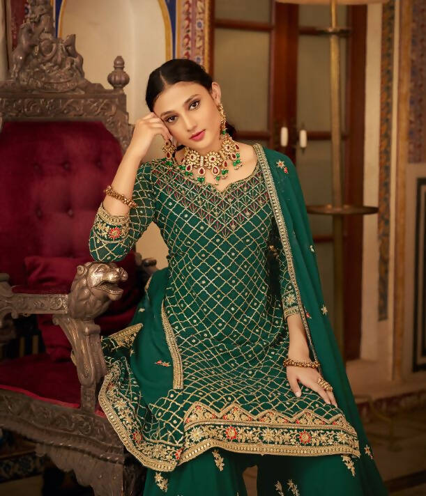 Green Heavy Chinon Semi Stitched Kurta with Bottom & Dupatta - Dhvani | Grocsy
