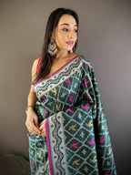 Joban Fashion Dark Green Jacquard Woven Pattern Lichi Soft Silk Banarasi Saree | Grocsy