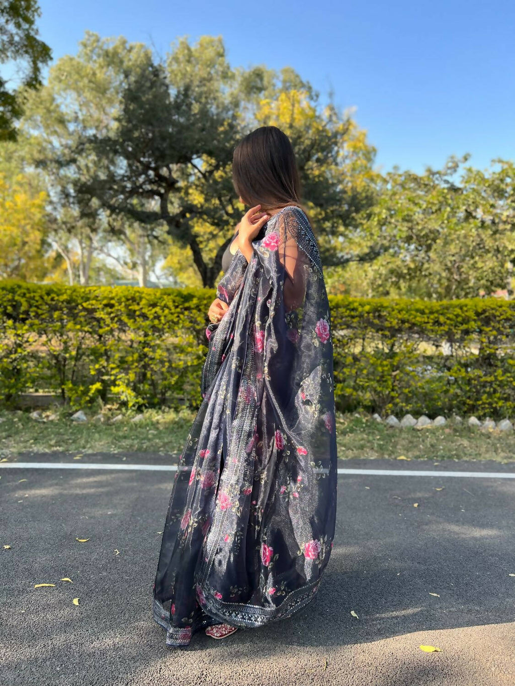 Vamsee Navy Blue Organza Saree | Grocsy