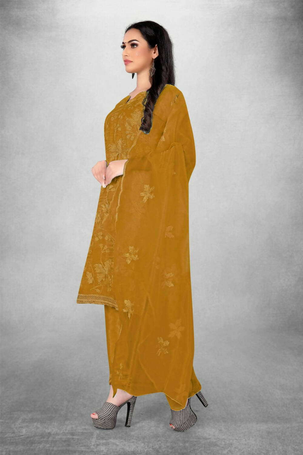 Mustard Heavy Organza Silk Embroidered Unstitched Dress Material - Amara | Grocsy