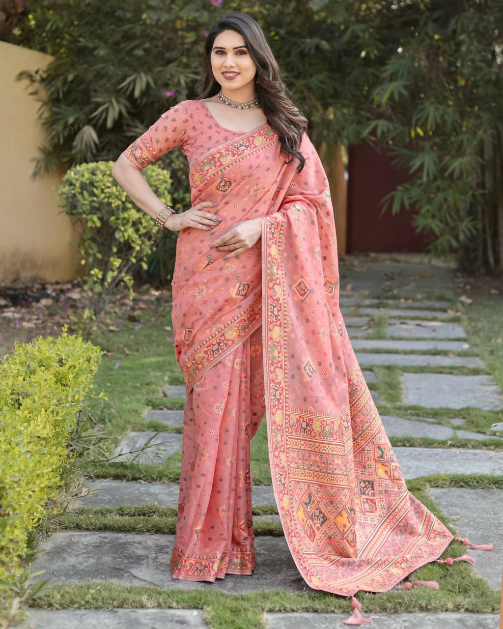 Vastranavya Luxury and Beautiful Soft, Smooth, Flowing Original Pashmina Soft Cotton Saree with Matching Blouse Fabric - Peach | Grocsy
