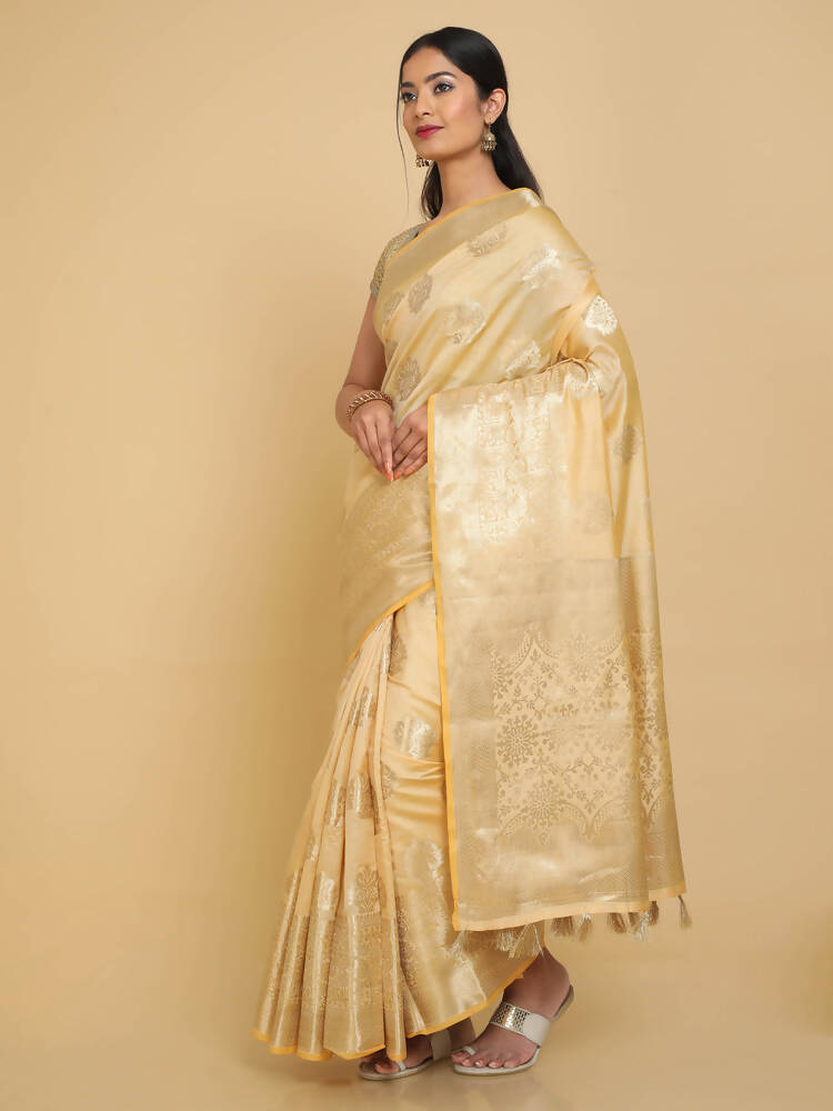 Kalamandir Floral Cream Silk Blend Saree | Grocsy