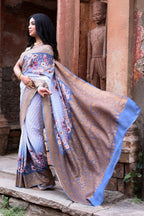 Joban Fashion Dusty Blue Crepe Chiffon Pure Handloom Banarasi Silk Saree | Grocsy
