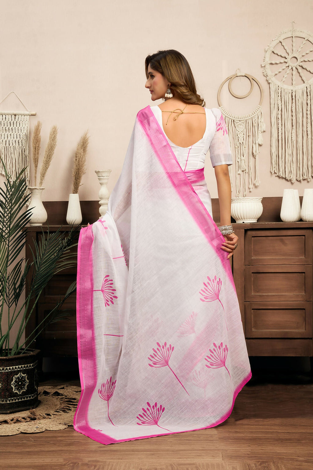 Vastranavya White Digital Printed Linen Ready To Wear Designer Saree with Unstitched Blouse | Grocsy