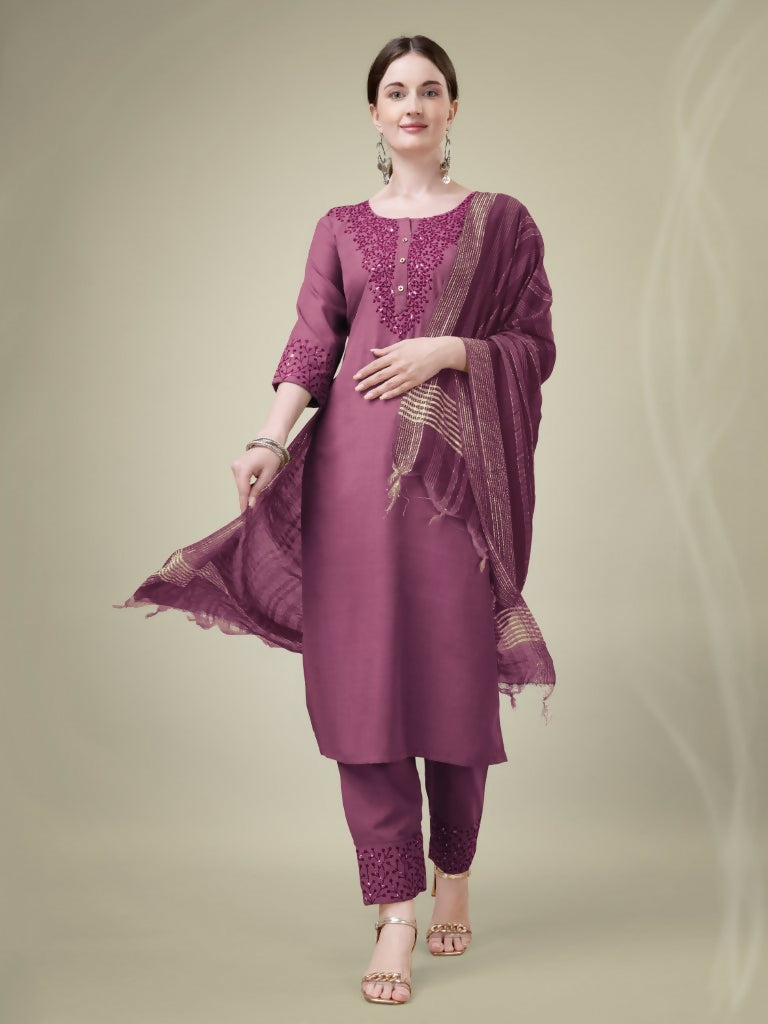 Jyoti Fashion Women's Onion Cotton Blend Embroidery & Sequence work Kurta with Trouser & Dupatta | Grocsy