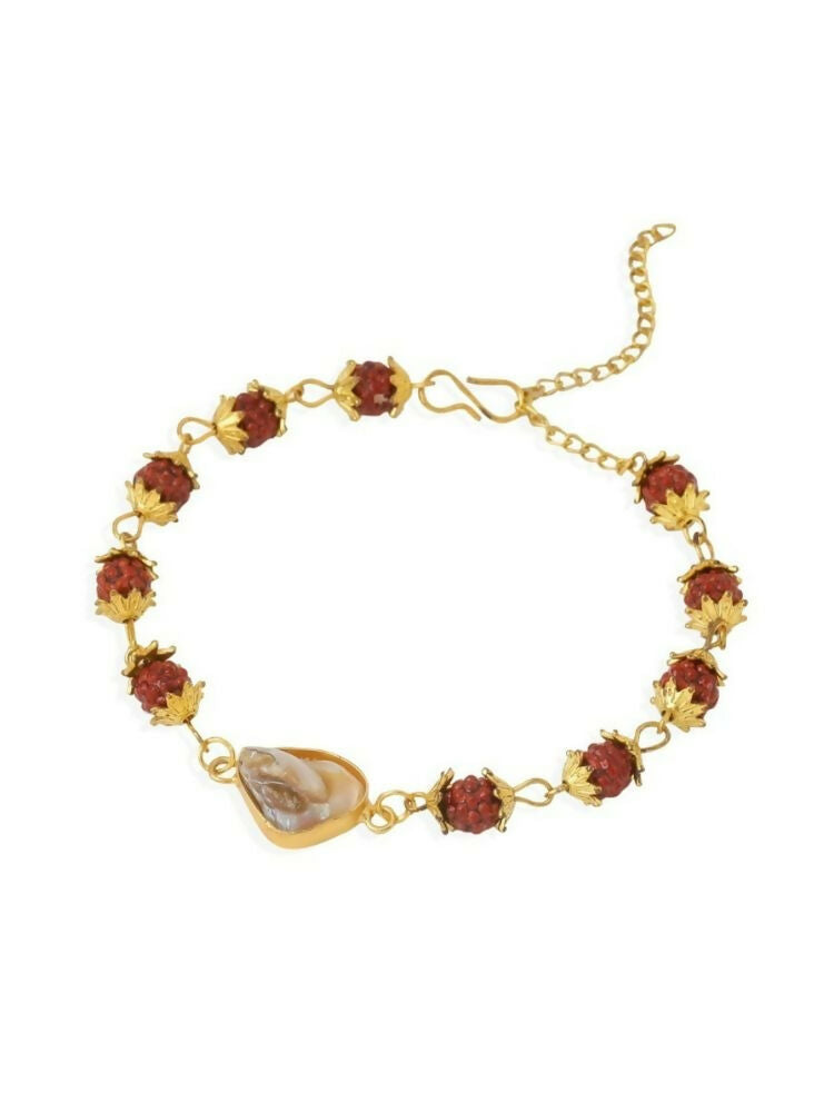 NVR Women's Gold Toned Rudraksh & Pearls Bracelet | Grocsy