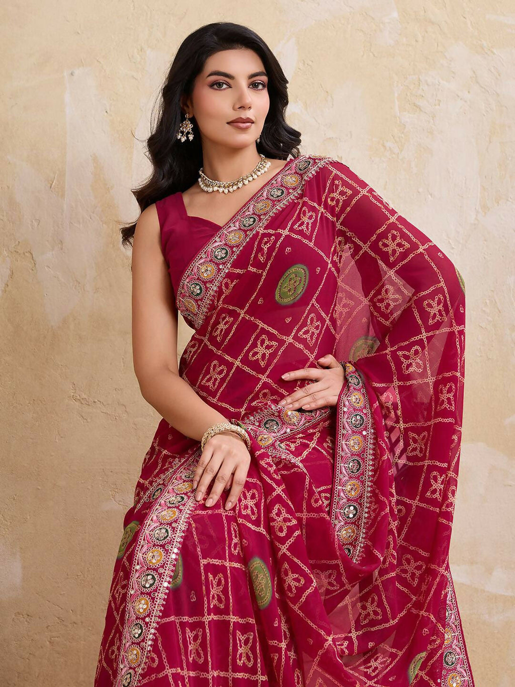 Teeya Creation Womens Stylish Simply Wedding Wear Georgette Saree-Red | Grocsy