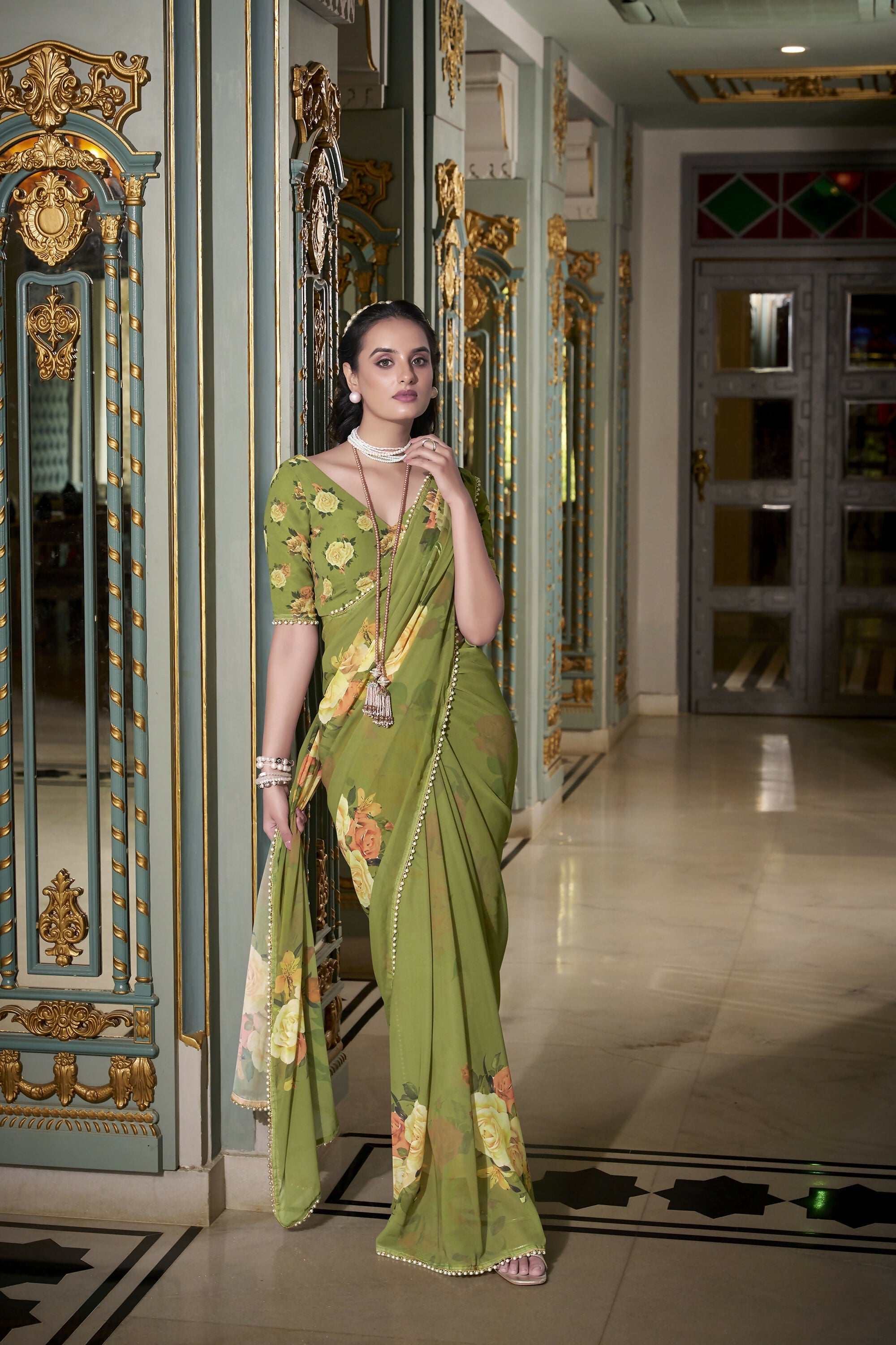 Vastranavya Mehendi Spectacular Georgette Printed with Pearl Lace Saree with Unstitched Blouse | Grocsy