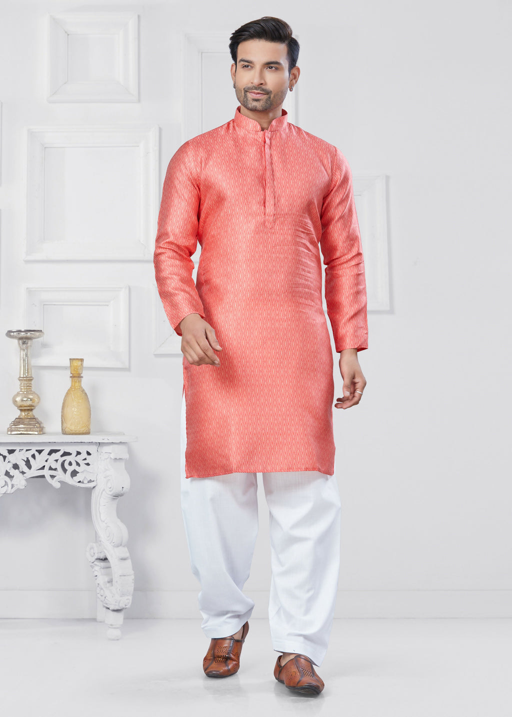 Joban Fashion Men's Jacquard Silk Pink Printed Kurta Pyjama set | Grocsy