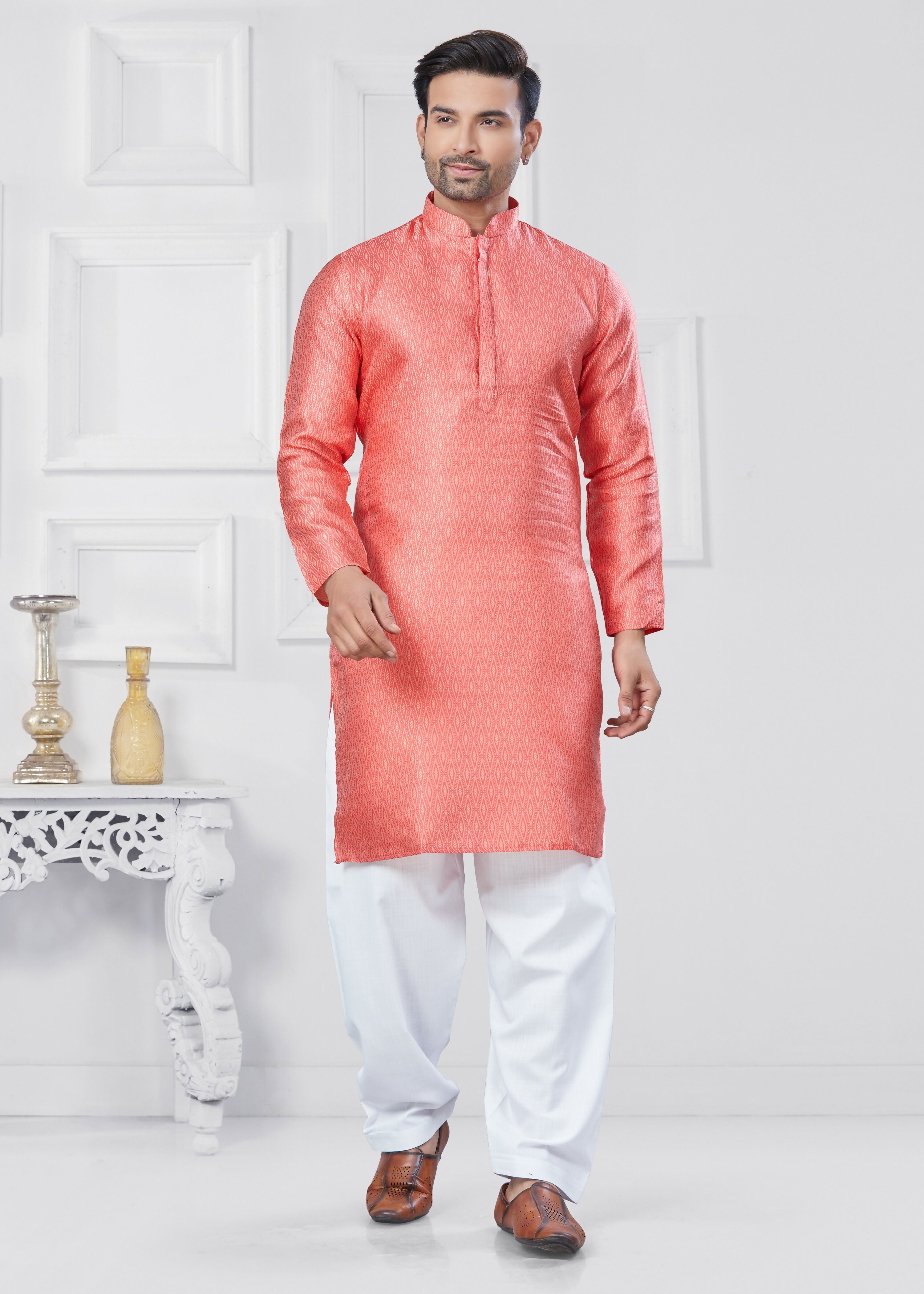 Joban Fashion Men's Jacquard Silk Pink Printed Kurta Pyjama set | Grocsy
