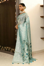 Joban Fashion Firozi Saree Tissue Zari Buti Anchal Applick With Contrast Blouse | Grocsy