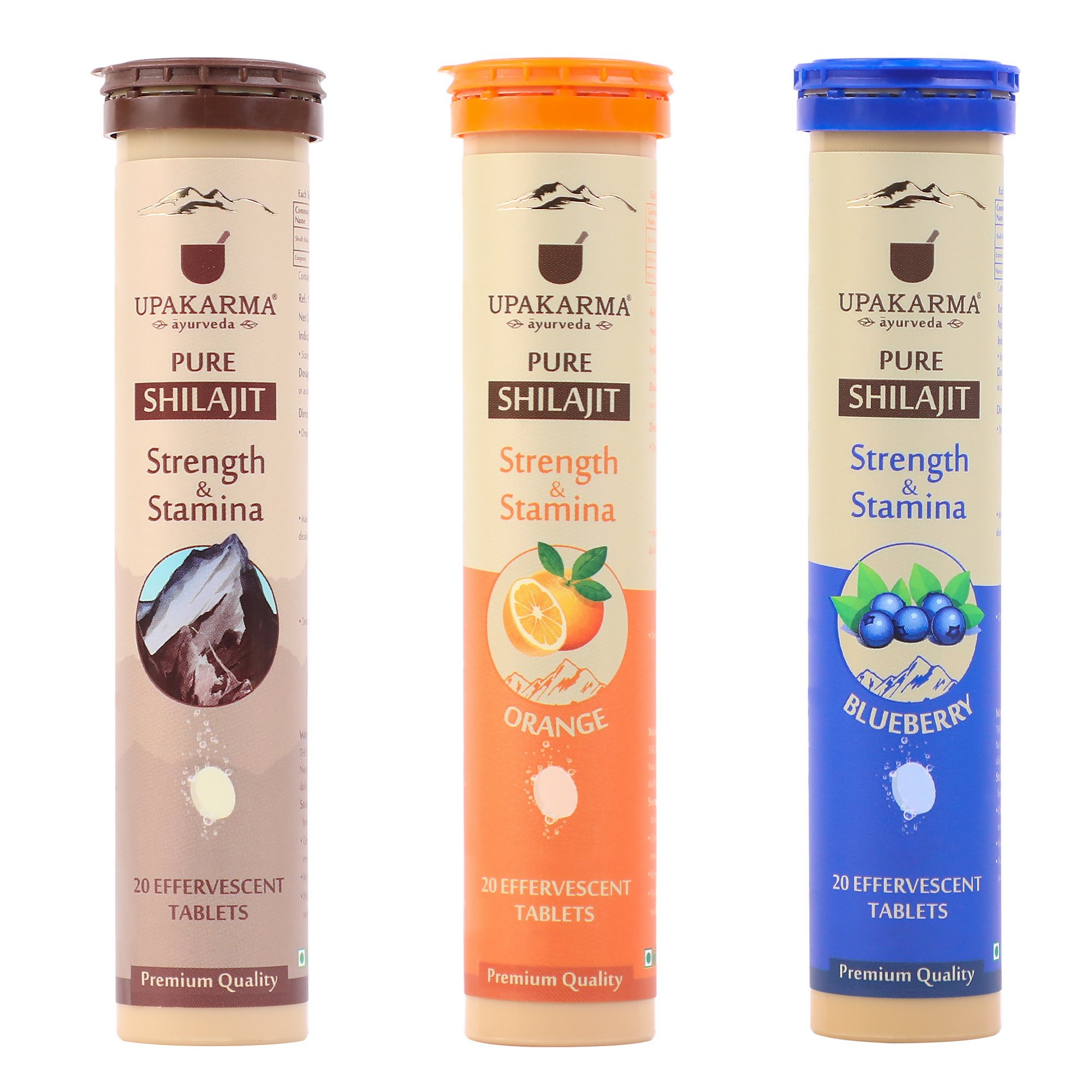 Upakarma Ayurveda Pure SJ Effervescent Tablets in 3 Unique Flavors (Pure SJ, Orange & Blueberry) Combo | Grocsy