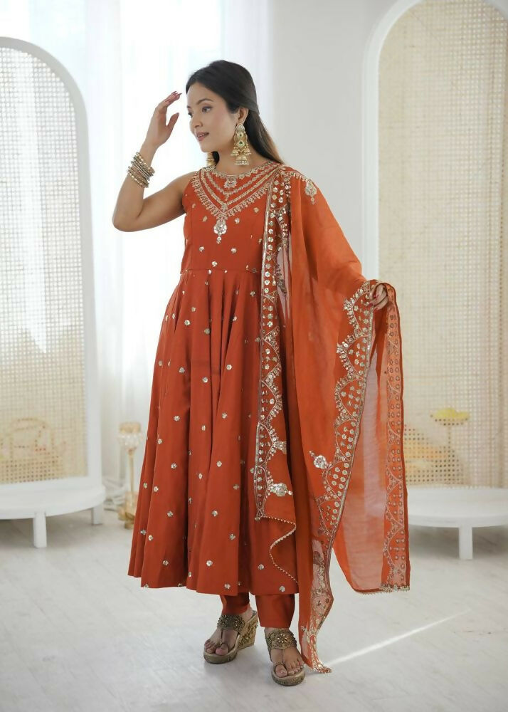 Teeya Creation Orange Color Roman Silk Embroidery Work Party Wear Gown | Grocsy