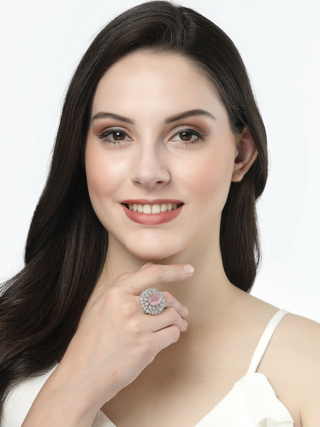 NVR Women's Pink & Silver CZ-Studded Handcrafted Adjustable Finger Ring | Grocsy