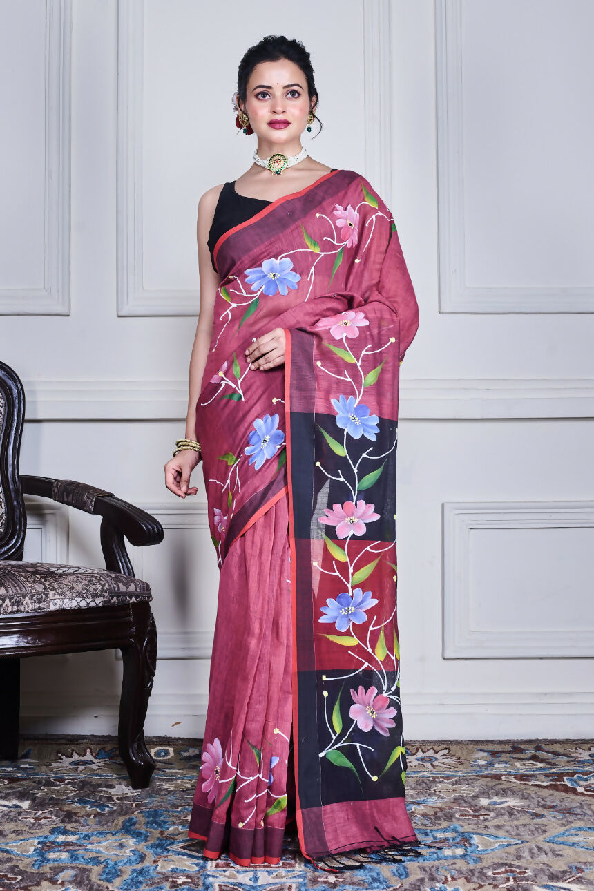 Morchari Multicolour Cotton Handloom Mirror Work Saree Unstitched Blouse | Grocsy