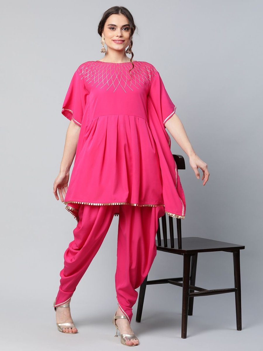 Ahalyaa Women Pink Crepe Glitter Printed Kurta with Dhoti Pants | Grocsy