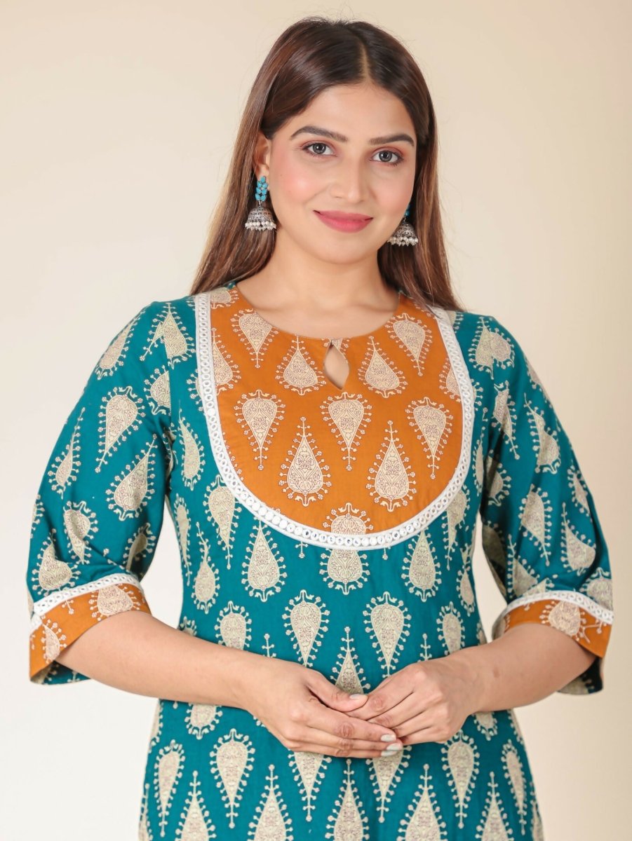 Aramya Turquoise Soft Cotton Floral Print Straight Kurta Set for Women | Grocsy
