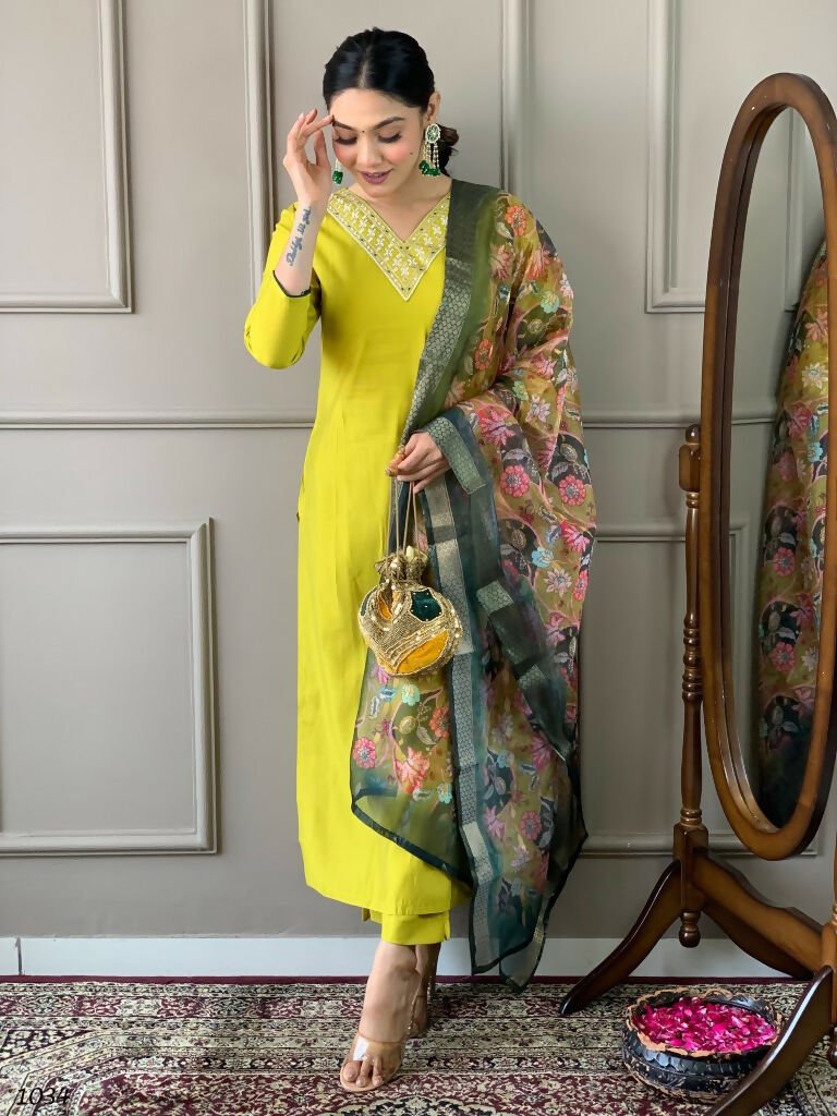 Partywear Designer Lemon Yellow Viscos Chanderi Stitched Suit With Dupatta - Tanisha | Grocsy