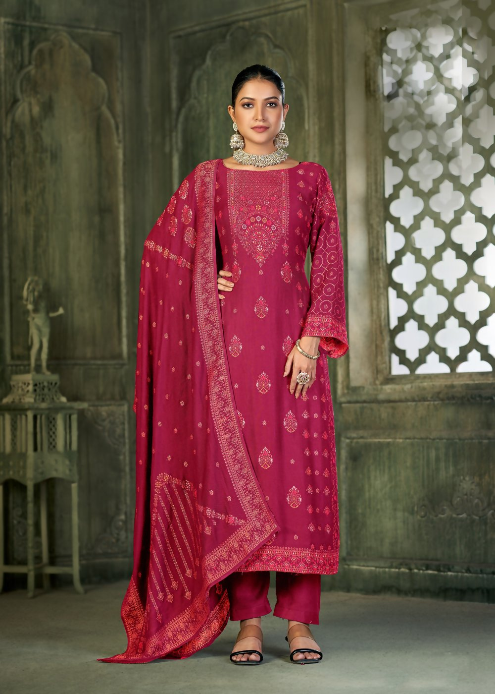 Red Viscose Pasmina Mina Work Kurta & Bottom with Dupatta - Natasha | Grocsy