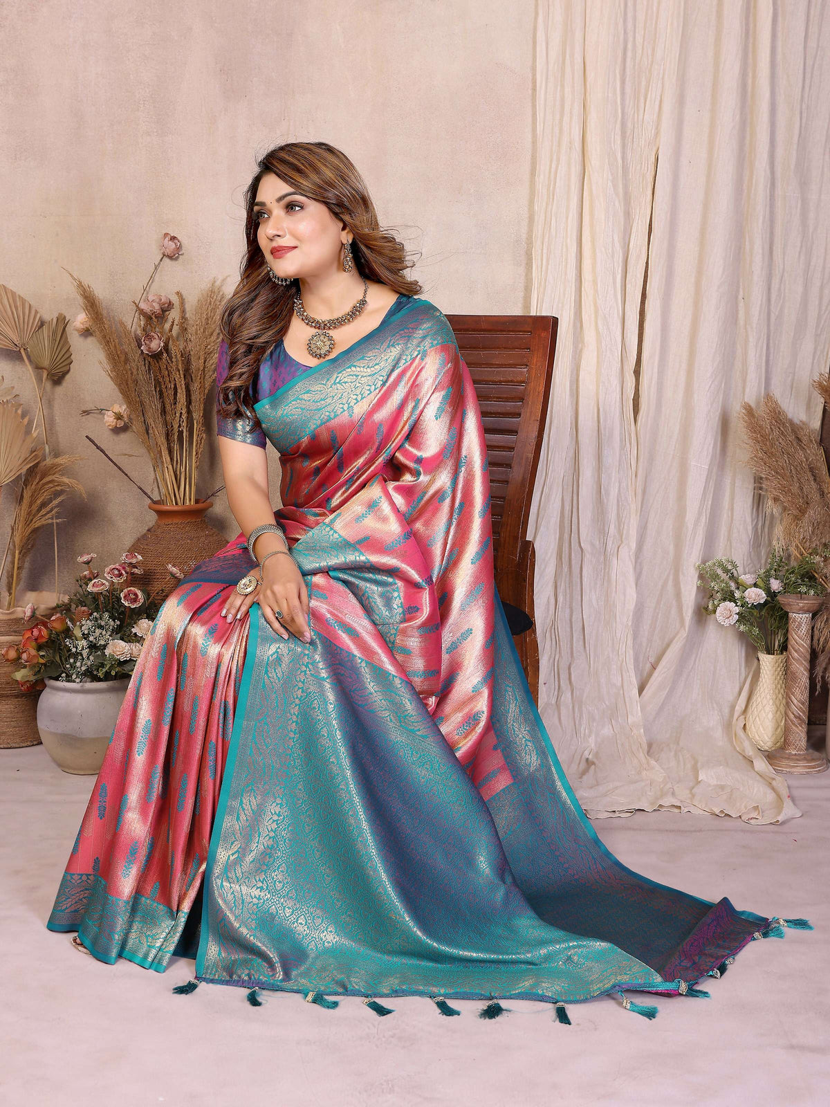 Aastha Fashion Pink Tissue Silk Paithani Woven Saree | Grocsy