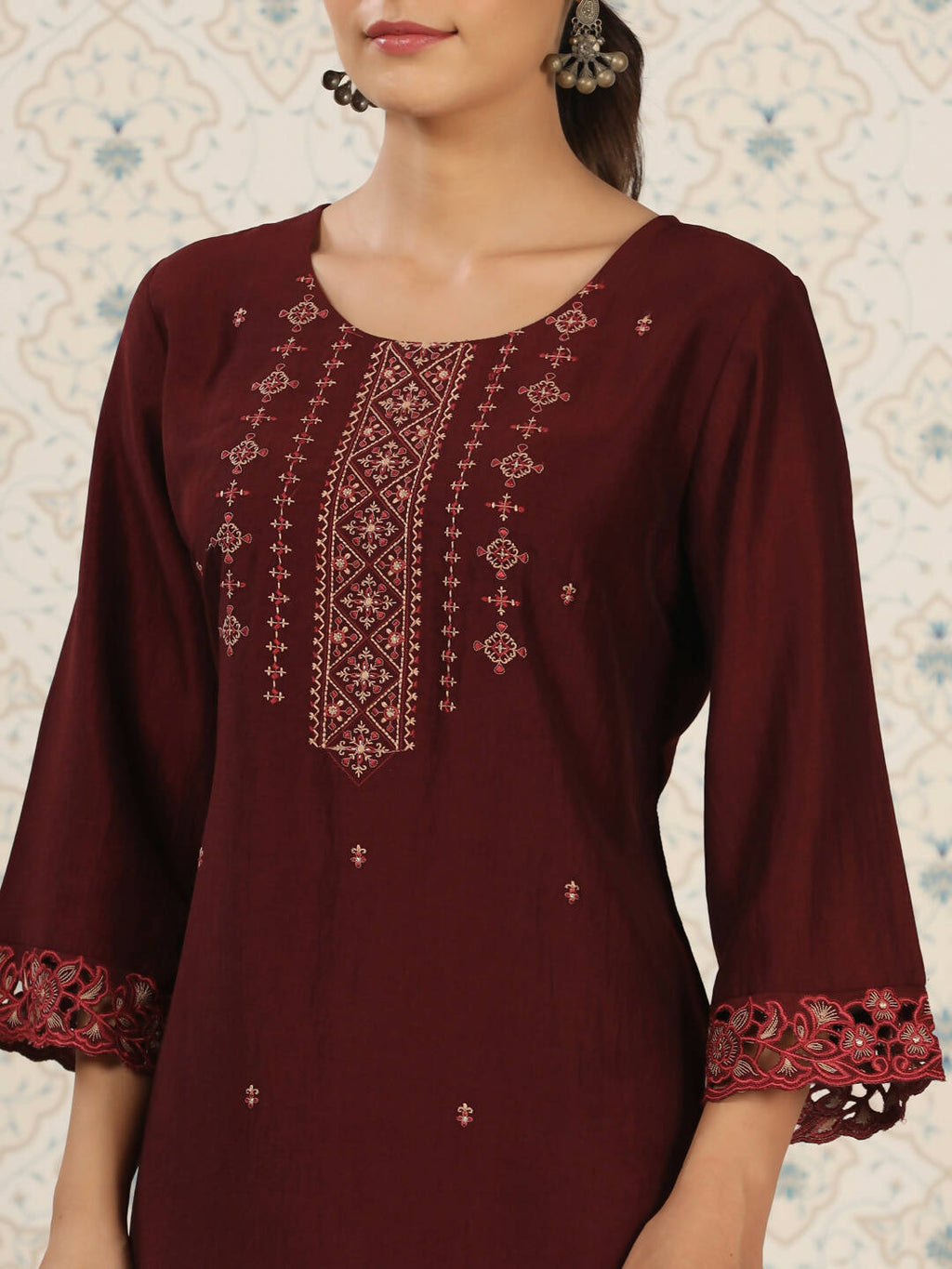 Maroon Chinon Embroidered Straight Top - Zeny | Grocsy
