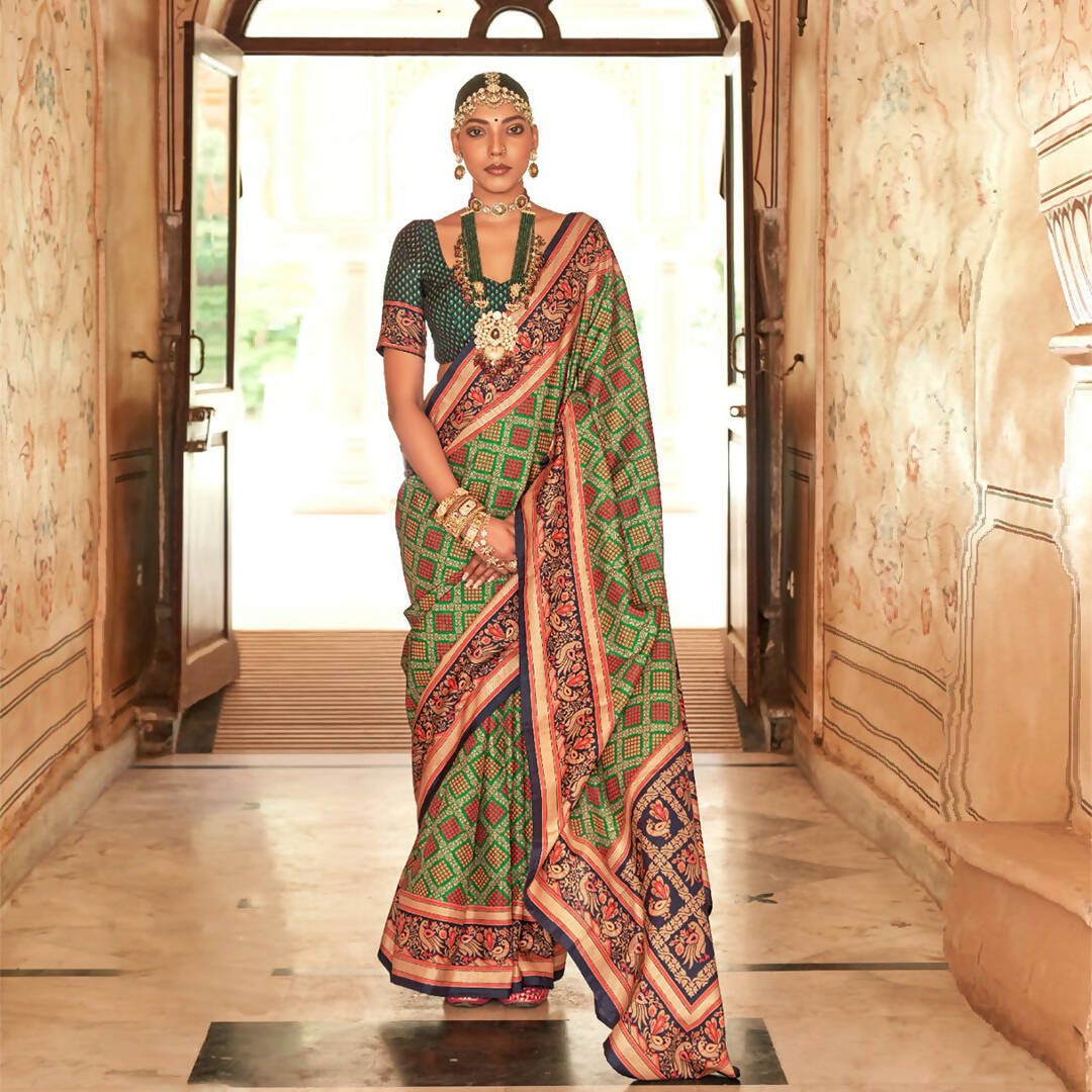 Perot Green Silk With Banarasi Print Work Saree - Trirath Yamuna | Grocsy