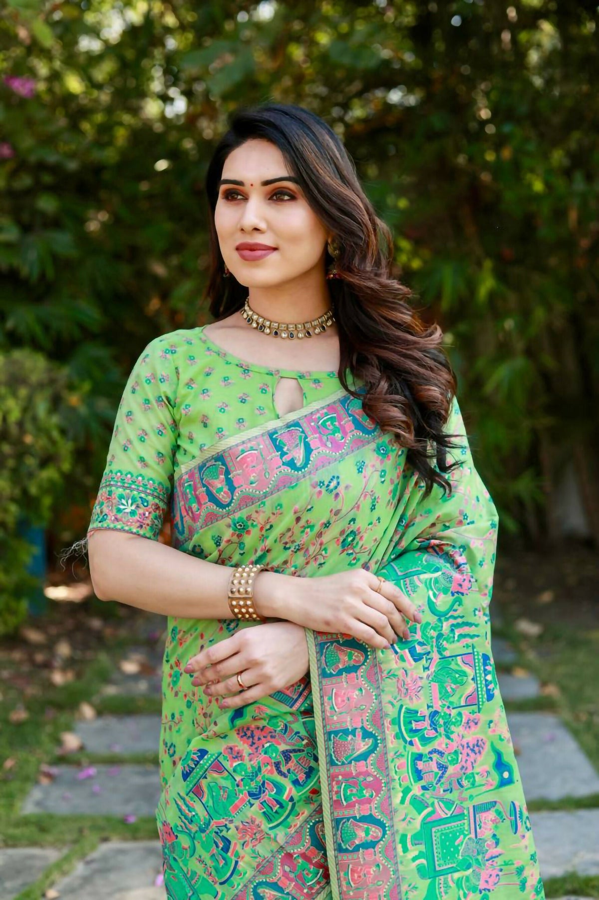 Vastranavya Luxury and Beautiful Soft, Smooth, Flowing Original Pashmina Soft Cotton Saree with Matching Blouse Fabric - Pista | Grocsy