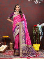 Vastranavya Pink Soft Patola Silk With Meenakari Weaving Motifs And Rich Zari Weaving Pallu Saree With Matching Blouse Fabric | Grocsy
