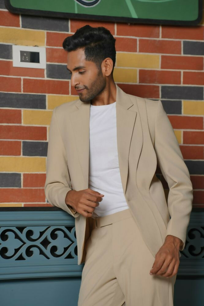 Saville Beige Curve Blazer Set – 4-Way Stretch Wedding & Party Suit For Men by Hilo Design | Grocsy
