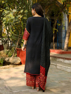 Juniper Black Ethnic Motif Placement Printed Rayon Kurta With Pant And Dupatta With Bead & Sequence Work | Grocsy