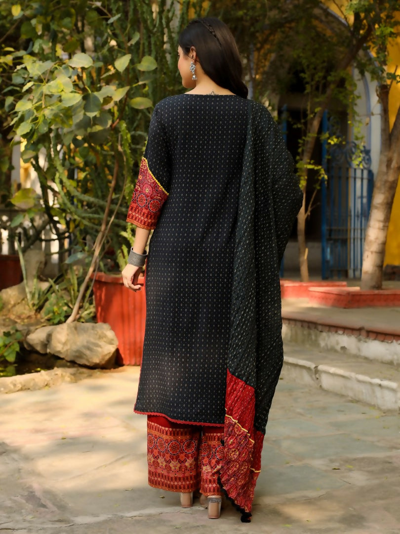 Juniper Black Ethnic Motif Placement Printed Rayon Kurta With Pant And Dupatta With Bead & Sequence Work | Grocsy