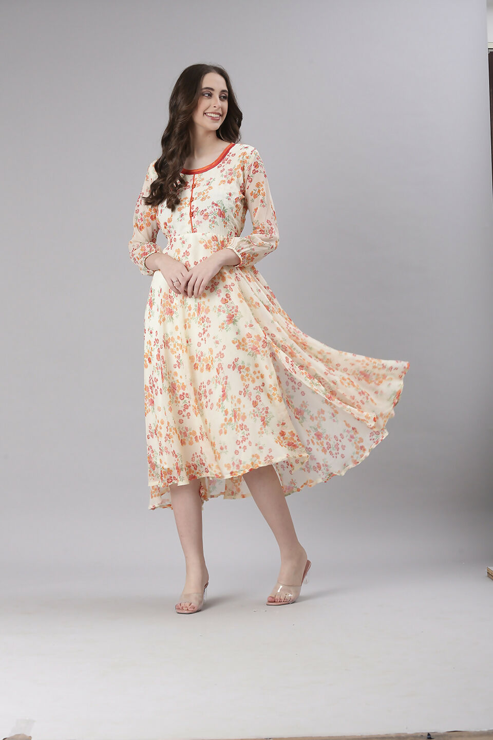 Souchii Cream Floral Printed Fit & Flare Dress | Grocsy