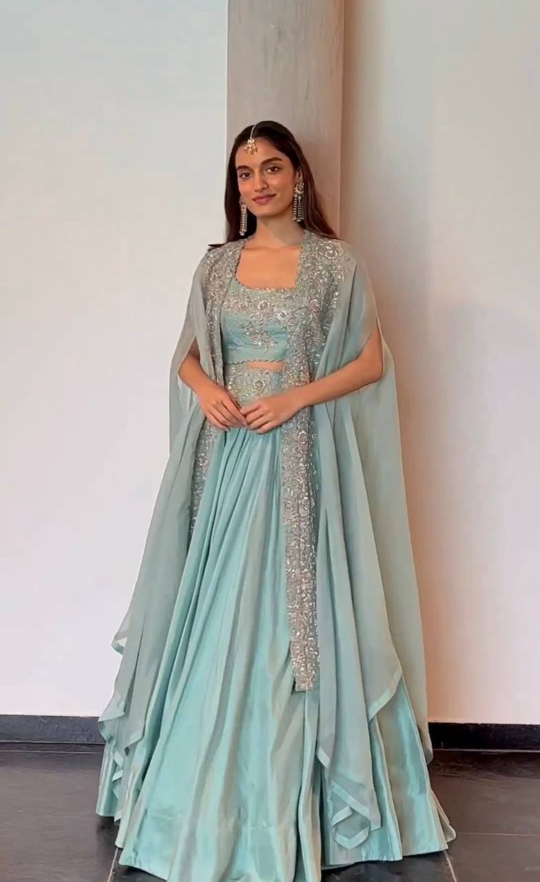Prazu Fashion Light Sky Blue Chinon Silk Thread Sequence Wedding Lehenga Choli | Grocsy