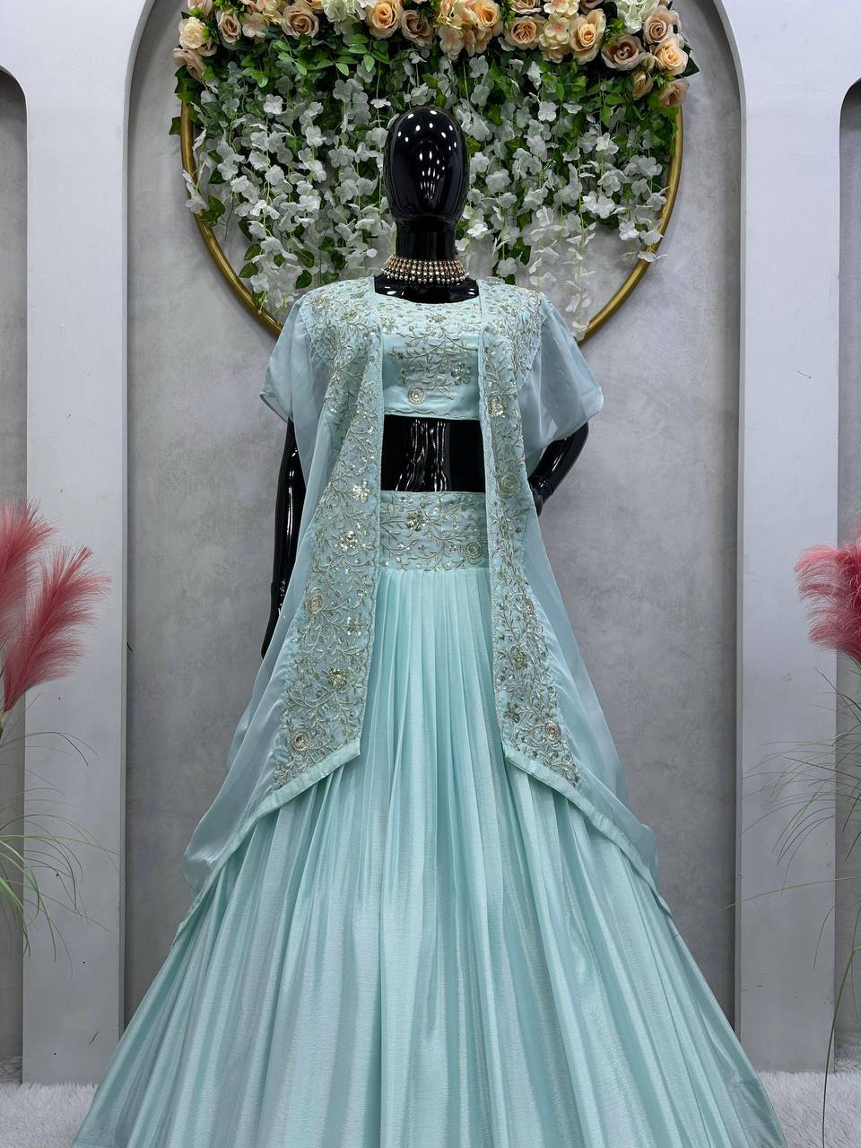 Prazu Fashion Light Sky Blue Chinon Silk Thread Sequence Wedding Lehenga Choli | Grocsy