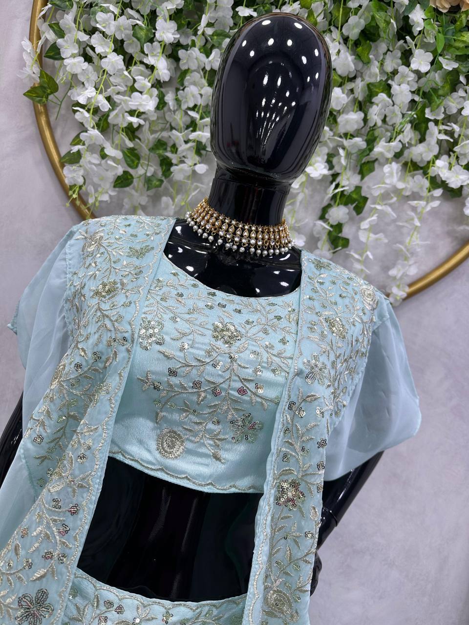 Prazu Fashion Light Sky Blue Chinon Silk Thread Sequence Wedding Lehenga Choli | Grocsy
