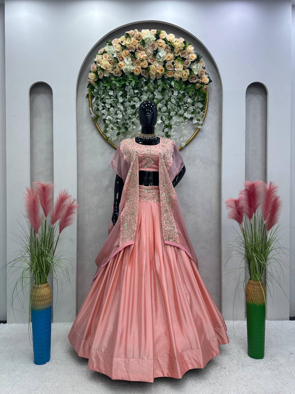 Prazu Fashion Peach Chinon Silk Thread Sequence Wedding Lehenga Choli | Grocsy