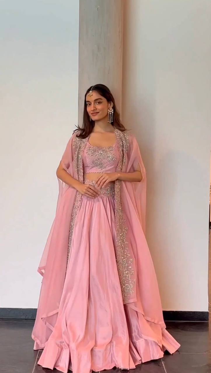 Prazu Fashion Peach Chinon Silk Thread Sequence Wedding Lehenga Choli | Grocsy