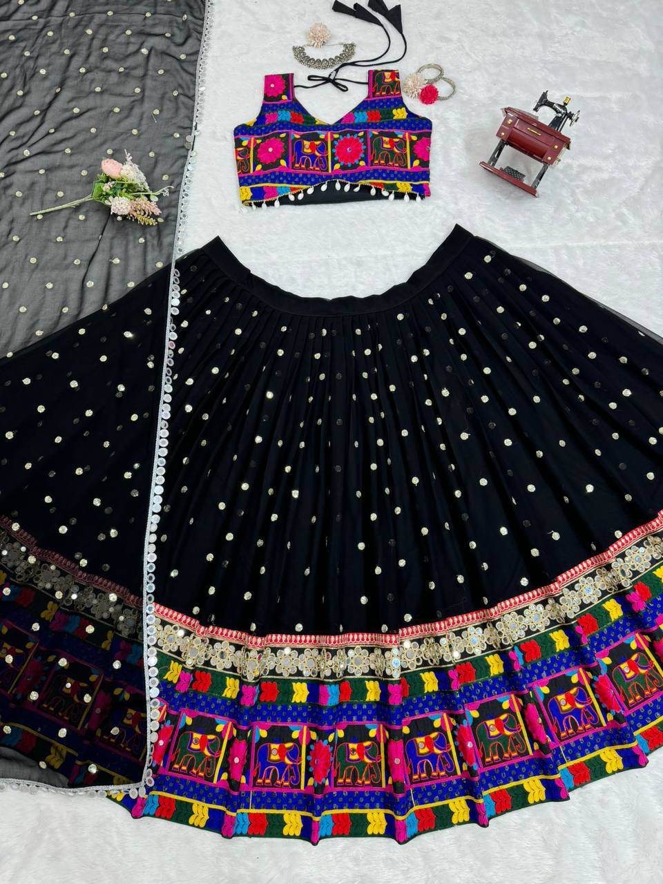 Prazu Fashion Black Georgette Sequence With Chainstich Navaratri Lehenga | Grocsy