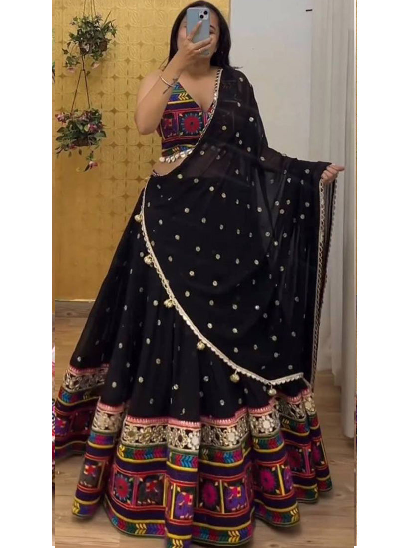 Prazu Fashion Black Georgette Sequence With Chainstich Navaratri Lehenga | Grocsy