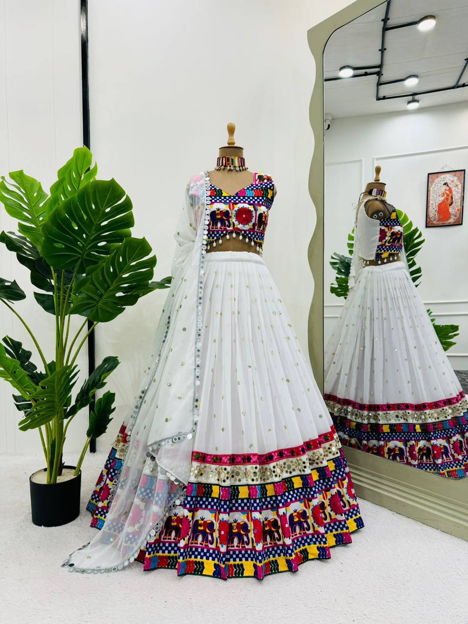 Prazu Fashion White Georgette Sequence With Chainstich Navaratri Lehenga | Grocsy