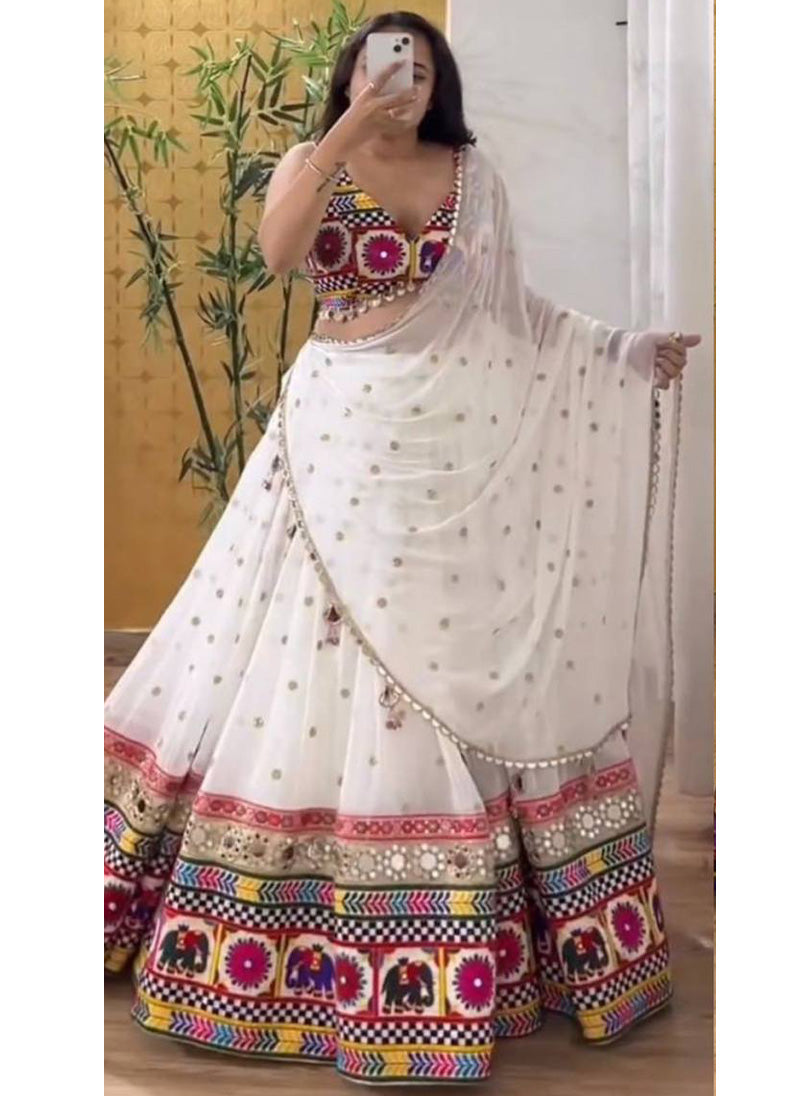 Prazu Fashion White Georgette Sequence With Chainstich Navaratri Lehenga | Grocsy