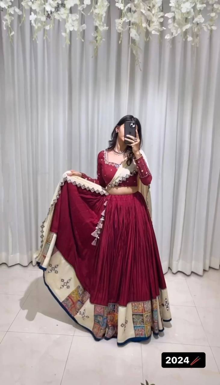 Prazu Fashion Wine Rayon Printed With Mirror Work Navaratri Lehenga | Grocsy