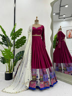 Prazu Fashion Wine Rayon Printed With Mirror Work Navaratri Lehenga | Grocsy