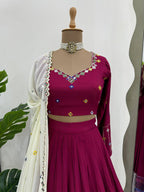 Prazu Fashion Wine Rayon Printed With Mirror Work Navaratri Lehenga | Grocsy